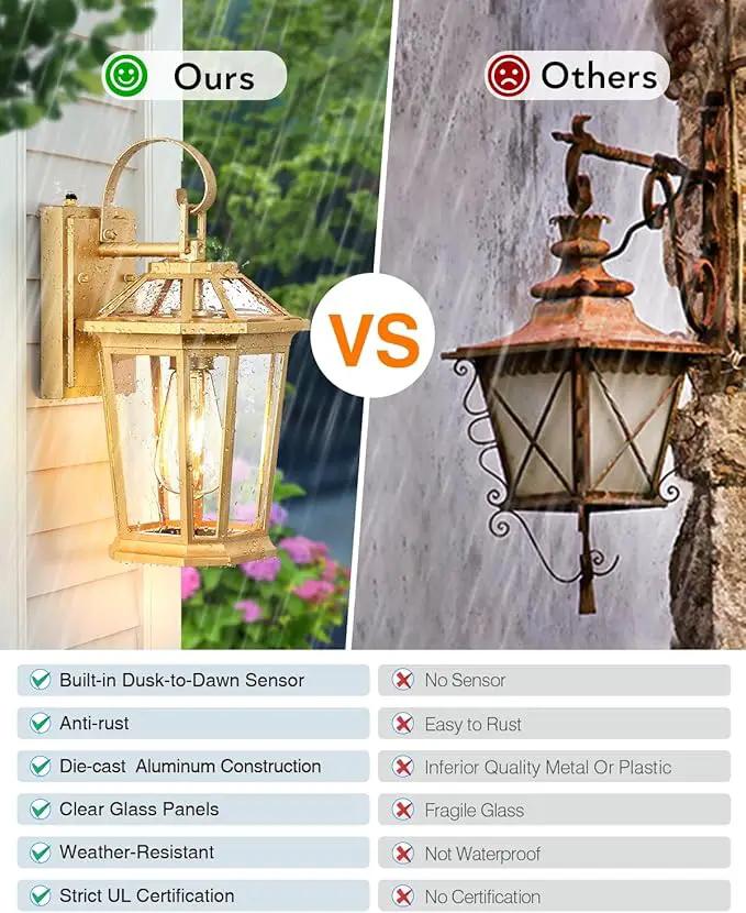 VIANIS Outdoor Porch Lights Wall Mount, Dusk to Dawn Exterior Light Fixture for House, 100% Anti-Rust Aluminum Waterproof Porch Light Outside Wall Lights, Gold Wall Sconce Lanterns for Garage, photo 5 of 9
