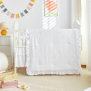 Mini Crib Bedding Set 3 Pieces Baby Boho Quilted Tufted Ruffles Comforter with Fitted Sheet and Ruffled Bed Skirt - Cute Shabby Baby Bedding Fits Mini Crib Only White by TinyTreasures Baby Boutique