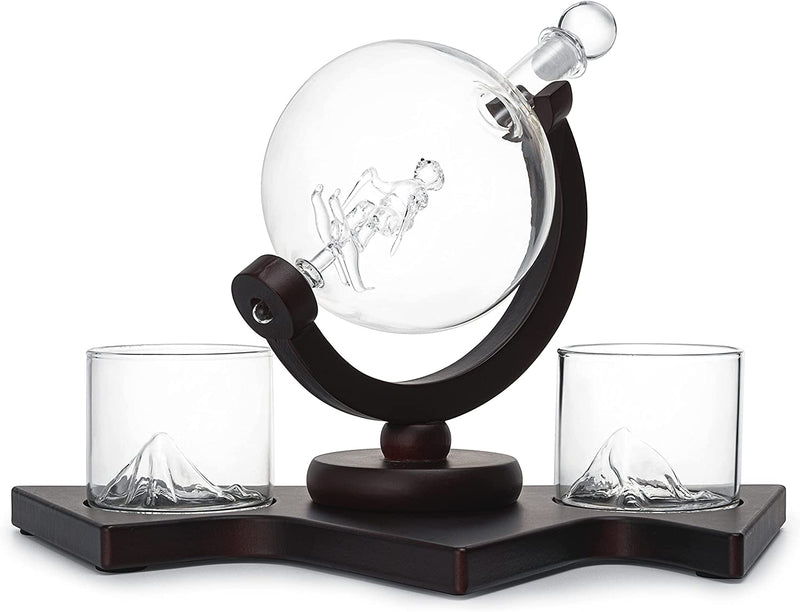 Ski Wine and Whiskey Decanter 850ml With 2 Glacier Mountain Glasses by The Wine Savant - 14" Long For Whiskey, Scotch, Wine - 850ml - Skier Gifts, Ski Gifts, Gifts for Ski Enthusiasts, Ski Lover Gifts