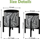 10 & 12 Inches Plant Pot with Stand Set of 2, Decorative Palm Leaves Printing Planter with Holder, Garden Pot for Snake Plant, Monstera, Houseplants - Indoor Outdoor Flower Pots with Drainage Holes by CozyNest Decor