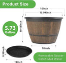 16-inch-Plant-Pots-Indoor-Outdoor, 4 Pack Large Whiskey Barrel Planters with Drainage Holes & Saucer, Plastic Flower Pots Imitation Wine Barrel Design, Decorative Garden Pots for Plants by CozyNest Decor