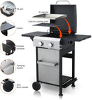 2-Burner Propane Gas BBQ Grill with SS Plancha, 24,600 BTU Output, Wire Enamel Cooking Grids, Foldable Side Table and Hanging Basket, Compact Stainless Steel Grill by GreenHaven Gardens