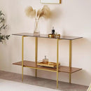Extra Large Glass Console Table for Living Room, Foyer & Entrance, L47 x W16 x H31, Mid-Century Modern Sofa Table with Amber Glass Top, Walnut Finish Wood Top and Gold Finish Metal Frame by CozyNest Decor