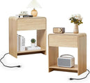 Fluted Nightstand Set of 2 with Charging Station, Modern Bed Side Table End Table with Drawer Storage, Large Wooden Night Stands Bedside for Bedroom Living Room Sofa Office, Natural 2 Sets by CozyNest Decor