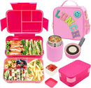 Pink Lunch Box for Girls with 10oz Thermo, with 6 Compartment Bento Box, Nylon Insulated Lunch Bag Adjustable Strap for Girl Kids Teens School Travel Picnic by TinyTreasures Baby Boutique