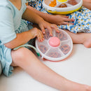 GoBe Kids Small Snack Spinner Flip Bundle with Hand Strap and Sticker Sheet - Reusable Snack Container with 5 Compartment Dispenser and Lid | BPA/PVC Free | Dishwasher Safe | No Spill- GoBe Grey by TinyTreasures Baby Boutique