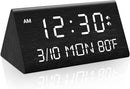 Kogonee Wooden Digital Alarm Clock, 0-100% Dimmer, 2 Alarm Settings, Weekday/Everyday Mode, 9 Mins Snooze, 12/24H, Temperature and Date Display for Office, Travel, Bedroom Alarm Clock (Black) by CozyNest Decor