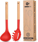 Silicone Pasta Fork and Ladle Spoon Set with Wooden Handle, Heat Resistant Non Stick Kitchen Utensils for Cooking, Stirring, Serving Spaghetti, Soup, Sauce(RED) by CozyNest Decor