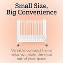 Foundations Chelsea Clearview Metal Compact Daycare Crib, 3" Casters, Compact Mini Size, Easy to Clean Durable Finish, Adjustable to Two Heights Mattress Board (White) by TinyTreasures Baby Boutique