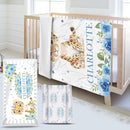 Custom Name Crib Bedding Set - Blue Floral Leopard Pattern, Personalized Nursery Bedding 3-Piece Set– Soft Blanket, Fitted Sheet, Changing Pad Cover – for Newborns Girls Nursery Gifts by TinyTreasures Baby Boutique