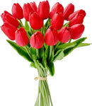 Mandy's Artificial Tulips 20 Stems Red PU Faux Flowers for Wedding Home Decor 13.5 Inch by CozyNest Decor