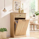 Modern Tilt-Out Trash Can Cabinet, 10 Gallon Fluted Laundry Hamper Cabinet with Drawers, Wooden Hidden Garbage Can Cabinet w/Storage Basket, Free Standing for Kitchen & Living Room,Natural Oak by CozyNest Decor