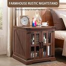 Farmhouse End Table with Charging Station,24" Large Side Table with Glass Barn Door, Rustic Wood Nightstand Bedside Table with Adjustable Storage Shelf for Living Room, Bedroom,Walnut,2 pack by CozyNest Decor