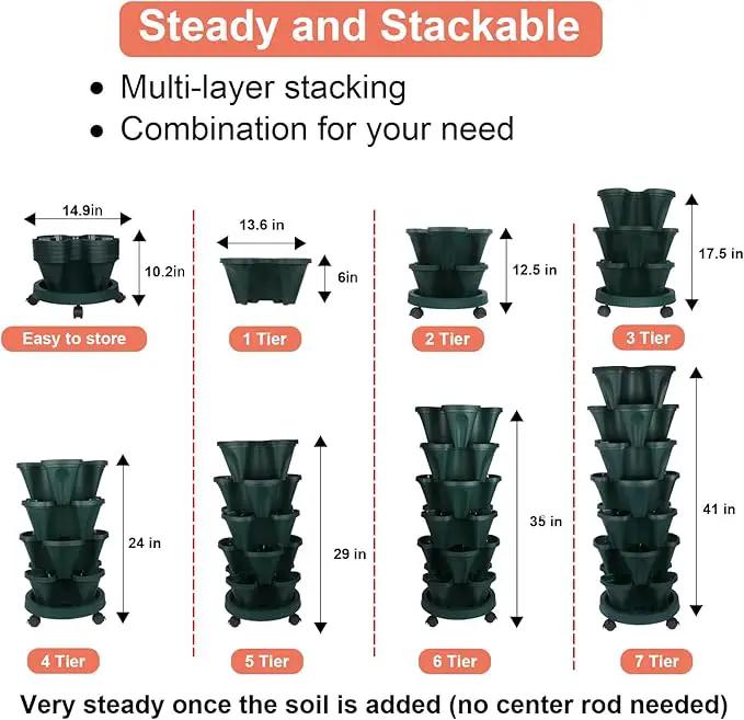 Vertical Planter 7 Tier Stackable Planters Garden Planters Strawberry Herb Flower and Vegetable Planter Indoor Outdoor Gardening Pots with Removable Wheels and Tools 2-Pack, photo 7 of 9
