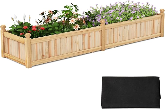 HAPPYGRILL Raised Garden Bed, Wooden Elevated Garden Box w/8 Drain Holes, Detachable Bottom Panels, Liner for Flowers Vegetables Herbs Fruits, Outdoor Planter Box for Backyard Lawn, 89" x 23.5" x 16"