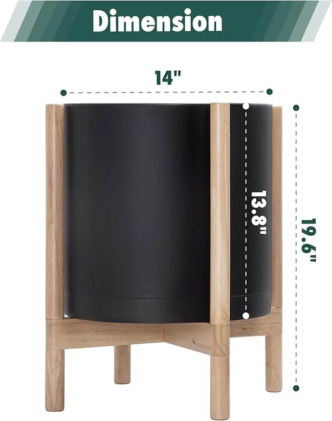 D'vine Dev Planter Pot with Stand - 14 Inch Plastic Cylinder Flower Pot with Wood Planter Holder for Indoor, Matte Black Pot + Natural Stand, 55-C-S-2, photo 3 of 6