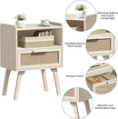 Lerliuo Rattan Nightstand, Side Table with Drawer Open Shelf, Cane Accent Bedside End Table with Solid Wood Legs, Mid Century Modern Night Stand for Bedroom, Dorm and Small Spaces (Grey White)