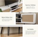 TV Stand for TVs up to 65'', Mid Century Modern Entertainment Center with Rattan Door, Shelves & 2 Cabinets, Boho Media TV Console for Living Room, Bedroom, White by CozyNest Decor