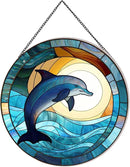 Dolphin Pattern Suncatcher Stained Glass,Hanging Stained Glass for Windows,20cm/7.87inch Hand-Painted Sun Catcher Garden Hangings Painted Glass Panel Decor Themed Gift by GreenHaven Gardens