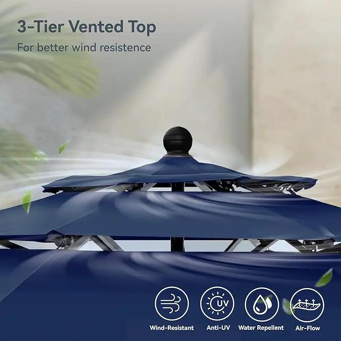 PHI VILLA 10ft Outdoor Patio Umbrellas for Outside, 3 Tier Vented Market Table Umbrella Windproof for Backyard, Deck, Garden, 1.5" Pole, Dark Blue（No Base）, photo 3 of 8