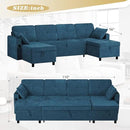 110 Inches Chenille Sectional Sofa w/Pull Out Sofa Bed & Adjustable Back, Tufted U Shaped Couch w/Two Storage Chaises, Sleeper Sectional Sofa w/USB Port & Cup Holders for Living Room, Blue by CozyNest Decor
