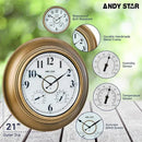 ANDY STAR 21 Inch Outdoor Clocks Waterproof, Large Outdoor Wall Clocks for Patio with Thermometer, Weatherproof Illuminated Clock Battery Operated with Thermometer&Hygrometer, Gold Metal Finish by CozyNest Decor