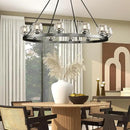 Black Wagon Wheel Chandelier, 59 Inch Black Chandeliers with Unique Glass Shade, 15-Light Crystal Large Wagon Wheel Chandeliers for Dining Room, High Ceiling Round Chandelier for Living Room, Foyer by CozyNest Decor