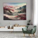 Japanese Tapestry, Red Plum Cherry Blossom Mountain, Nature Landscape, Bedroom & Living Room Decor, 80"x60" by CozyNest Decor