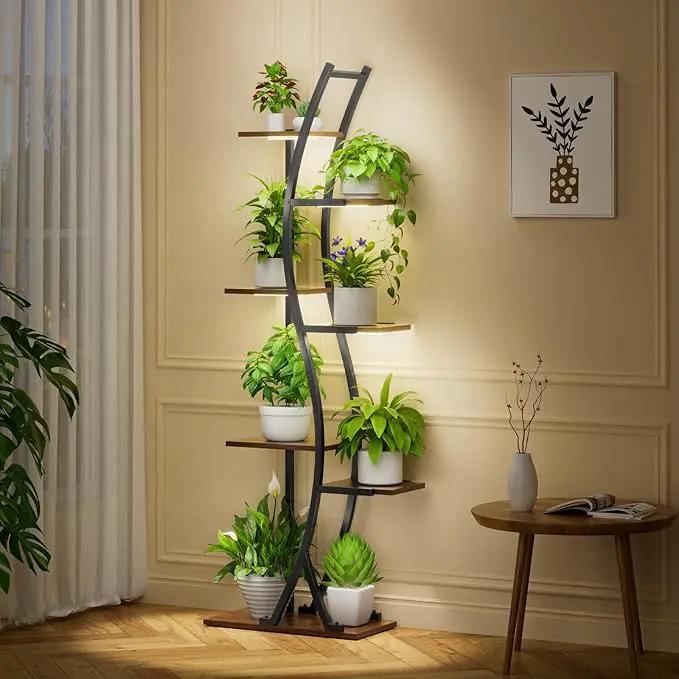 62" Tall Plant Stand with Grow Light Indoor, 7 Tiered Metal Plant Shelf Bookshelf, Curved Corner Flower Stand Display Storage Rack Holder for Living Room, Balcony Decor, photo 3 of 7