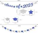 Navy-Blue White-Silver Party-Decoration Graduation Banner - 14pcs Kits Cap Garland Streamers, Royal Paper Tissue Pom Poms Flowers Fans Honeycomb,Class Of 2025 College High School Grad Decor Hugfond by CozyNest Decor