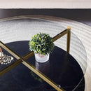 Round Coffee Table for Living Room, Mid-Century Modern Design, D30 x H17, 2-Tier Structure, Grey Glass Top and Black Marble Finish Wood Shelf, Sleek Conical Metal Legs with Gold Finish Frame by CozyNest Decor