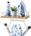 TJ.MOREE Ironing Board Hanger Wall Mount - Laundry Room Decor Iron and Ironing Board Holder with Large Storage Wooden Base Basket and Removable Hooks(T&V Shaped) Cream by CozyNest Decor