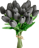 Mandy's Artificial Tulips 20 Stems Dark Grey PU Faux Flowers for Wedding Home Decor 13.5 Inch by CozyNest Decor