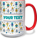 Personalized Mug for Kids - Robots - Custom Name/Text, Ceramic Hot Chocolate/Cocoa/Coffee Cup for Boys, Birthday/Christmas/Holiday Gift - 15 oz, Red Handle by TinyTreasures Baby Boutique