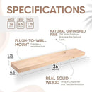Homeforia 36 inch Wood Floating Shelves, High End Solid Natural Wood 36inch Large Floating Shelf Bathroom, Unfinished Wooden Floating Shelves for Wall, Heavy Duty Bracket, 36 X 6.5 X 1.75 in, Set of 2 by CozyNest Decor