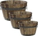 IDZO Set of 3 Wooden Flower Planters for Outdoor Plants, Acacia Wood Barrel Planters, Ergonomic Handles, Drainage Holes, Various Sizes, Walnut by CozyNest Decor