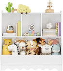 Wood Kid Storage Cubby, Toy Storage Organizer with Bookshelf, 32"L x 15"D x 31"H Montessori Toy Shelf, Nursery Book Shelves, Wooden 4-Cubby Children Book Shelf for Playroom Classroom, White by CozyNest Decor