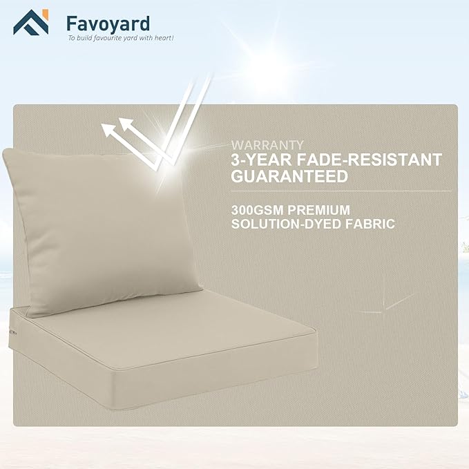 Favoyard Outdoor Seat Cushion Set 24 x 24 Inch Water-Resistant & Fade-Resistant Patio Furniture Cushions with Removable Cover Deep Seat & Back Cushion with Handle and Adjustable Straps for Chair Sofa, photo 5 of 6