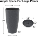 GameXcel Tall Flower Pot Indoor - Outdoor Plant Pot - Black Glossy Planter - Elegant Stone Imitation - 12" Diameter 21" Tall with Drainage Holes and Saucer 2Pack by CozyNest Decor