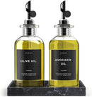 Olive Oil Dispenser Set With Silicone Tray & 40 Labels - 2 Black Bottles (500ml / 17oz) for Kitchen, Soy Sauce, Coffee Syrup by CozyNest Decor
