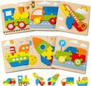 Wooden Vehicle Puzzles Toy Gift for 1, 2, 3 Years Old Boys Girls, Toddler Best Birthday Gift with 6 Vehicle Baby Montessori Color Shapes Learning Puzzles - Kids Educational Developmental Toys by TinyTreasures Baby Boutique