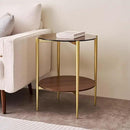 Round Glass End Table, Mid-Century Modern Design Sofa Table for Living Room, D18 x H23, 2-Tier Structure, Amber Glass Top and Walnut Shelf, Sleek Conical Legs with Gold Finish Frame by CozyNest Decor
