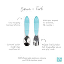 Bumkins Toddler Utensils, Kids Size Fork and Spoon Set, Silicone and Stainless-Steel Training Silverware, Angled Forks / Sporks for Self-Feeding, Children Hold Learning to Eat, 18 Months Up, Blue by TinyTreasures Baby Boutique