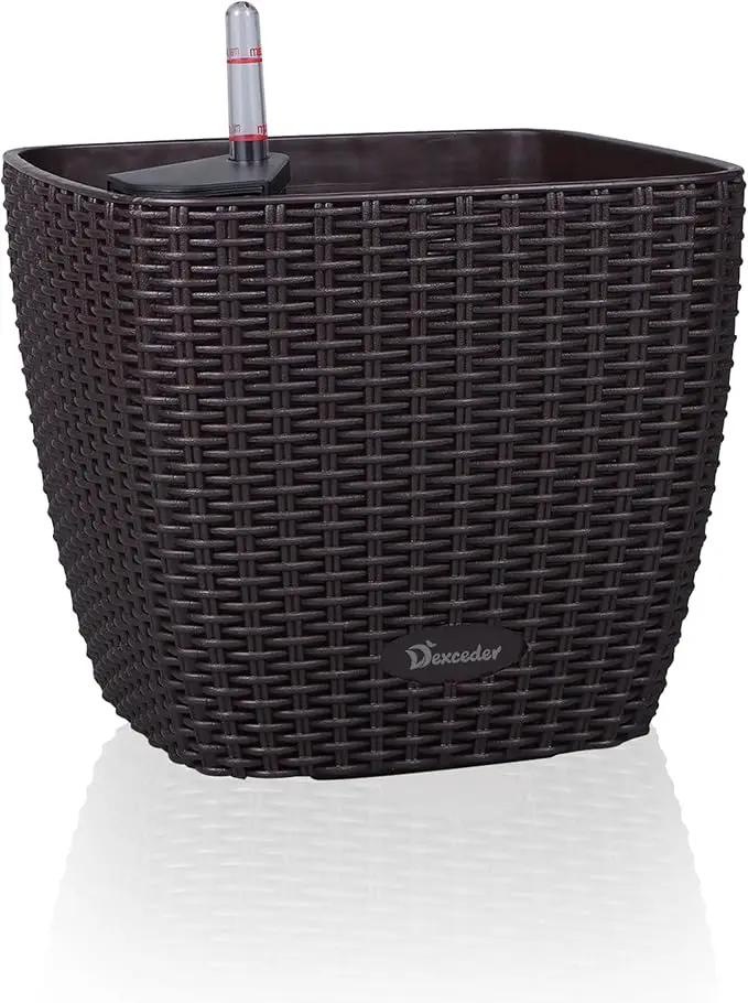 Dexceder 11x10 Self Watering Planter Indoor Outdoor, Inner Mat Design, Thickened Table Flower Plant Pot with Water Level Indicator (Brown Rattan)