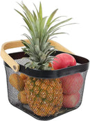 Metal Mesh Steel Basket, Storage Organizer Basket Multi-functional Hanging Kitchen Baskets Fruit Basket Bin with Bamboo Handle for Kitchen Bathroom Picnic Shopping Decor Cabinet Home, Black by GreenHaven Gardens