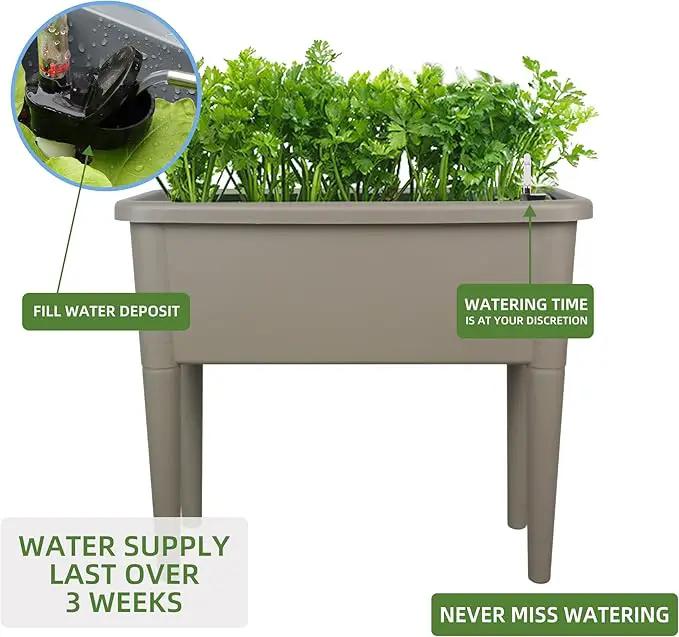 Dexceder 13.2 Gallon Self Watering Raised Garden Bed with Ventilation Transparent Lid Greenhouse, Deepen Vegetable Flower Box Planter Pot with Removeble Legs&Water Level Indicator (Light Brown), photo 5 of 6