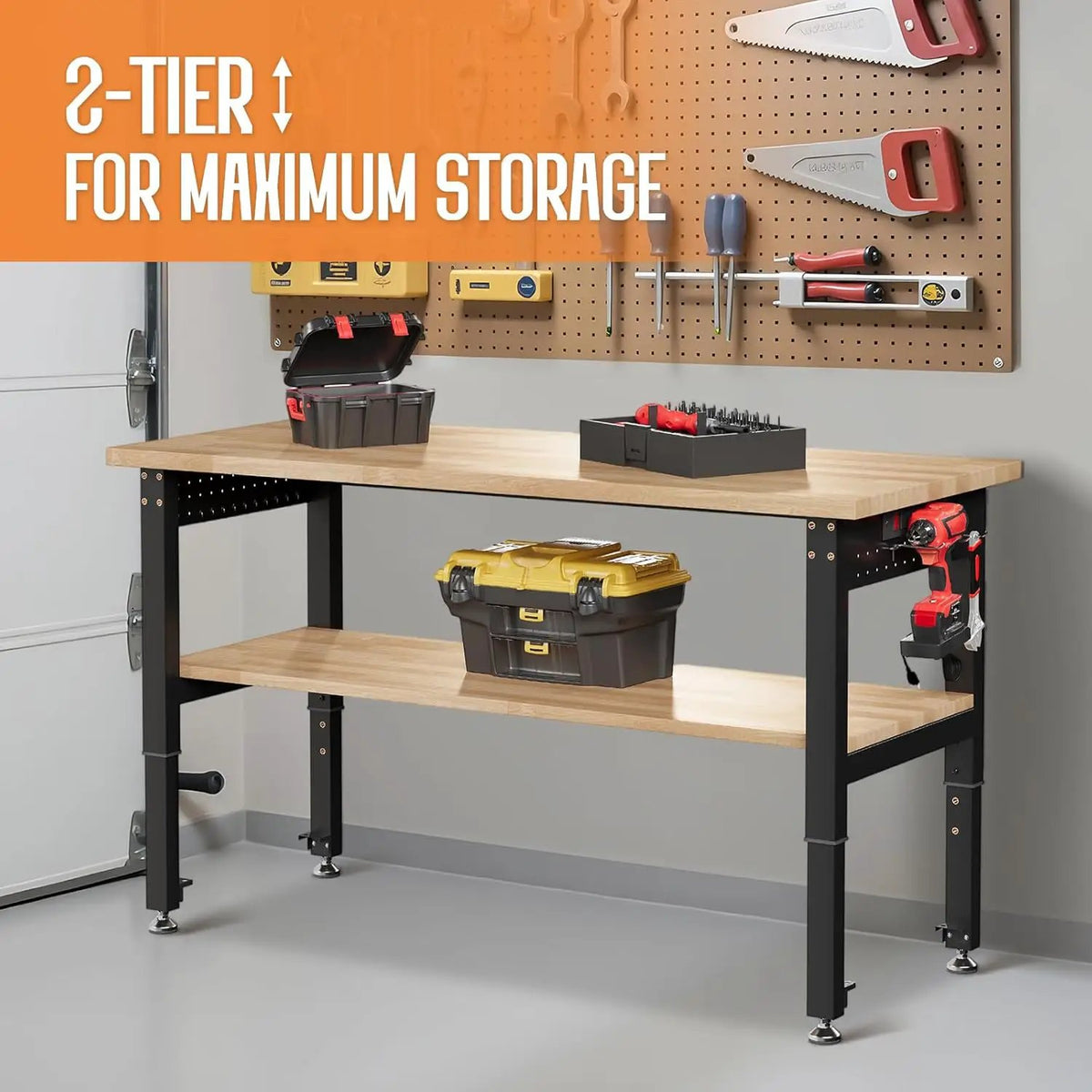 Albott 48" Adjustable 2-Tier Workbench with Solid Wood Top, Max 2000lbs Capacity, Built-in Power Strip with 4 AC Outlets & 2 USB Ports, Pegboard & 20 Hooks, Shop Garage Office, photo 3 of 6