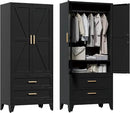 71'' Farmhouse Metal Wardrobe Cabinet with Hanging Rod, 2 Barn Door Wardrobe Closet with Adjustable Shelves,2 Drawer,for Dining Room,Bedroom,Living Room, Cloak Room,Office (Black) by CozyNest Decor