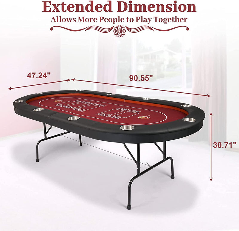 10 Players Folding Casart Poker Table Card Game Table with Metal Frame and 10 Cup Holders, Red