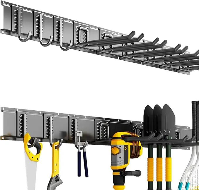Garage Organization Tool Organizer Wall Mount, 48inch Heavy Duty Garden Tool organizer Storage System, Easy Install With 9 Adjustable Hooks, For Garage, Basement, Shed, Workshop(Black)